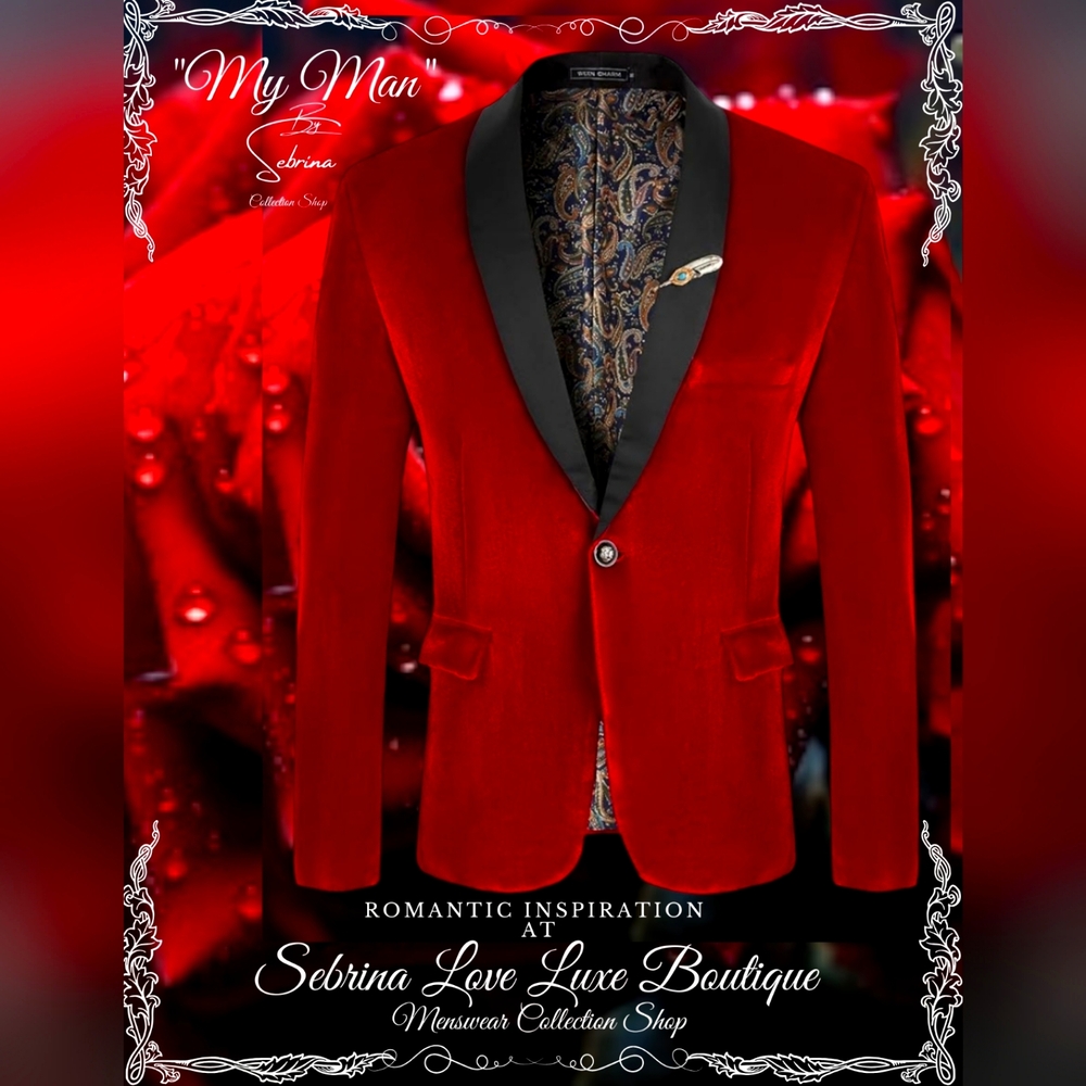 Festive Red & Black Velvet Men's Holiday Dinner Jacket Blazer